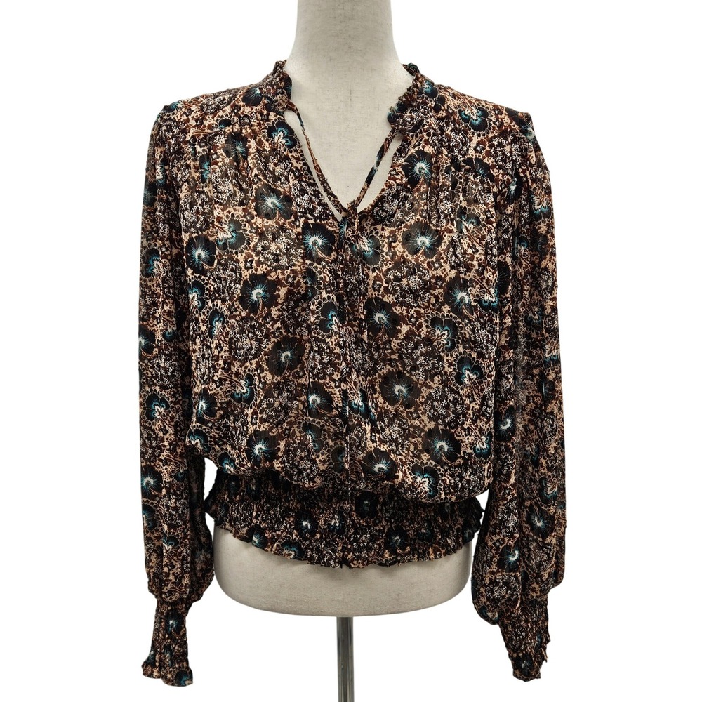 Rachel Zoe Womens Brown Floral Smocked Waist Blouse Long Sleeve V-Neck Medium